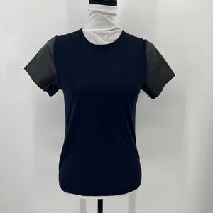 VINCE Women Mixed Media Size Small Blue Wool Sweater Leather Short Sleeve